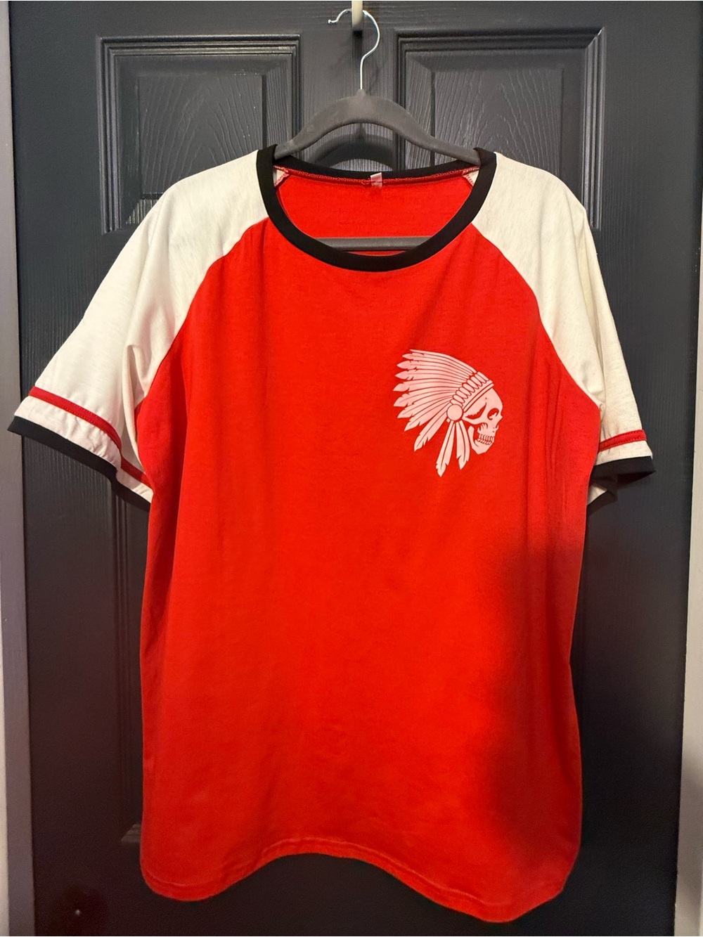 Men’s XXL Red Skull Headdress Graphic Ringer Raglan T-Shirt Retro Rockabilly
